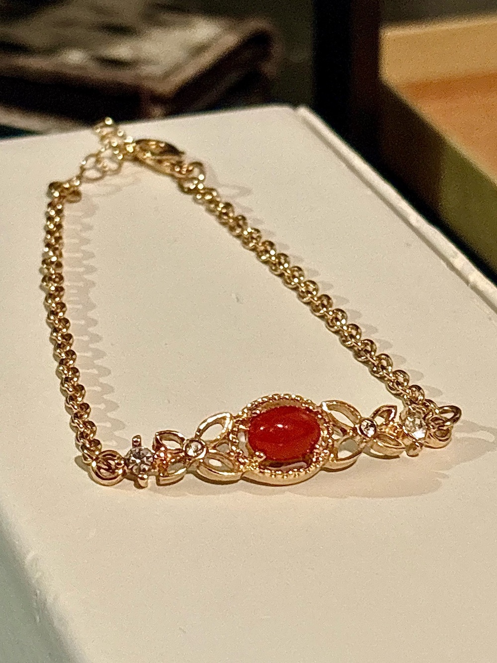 Gold Tone Pretty & Dainty Bracelet w/ Red-Orange Stone